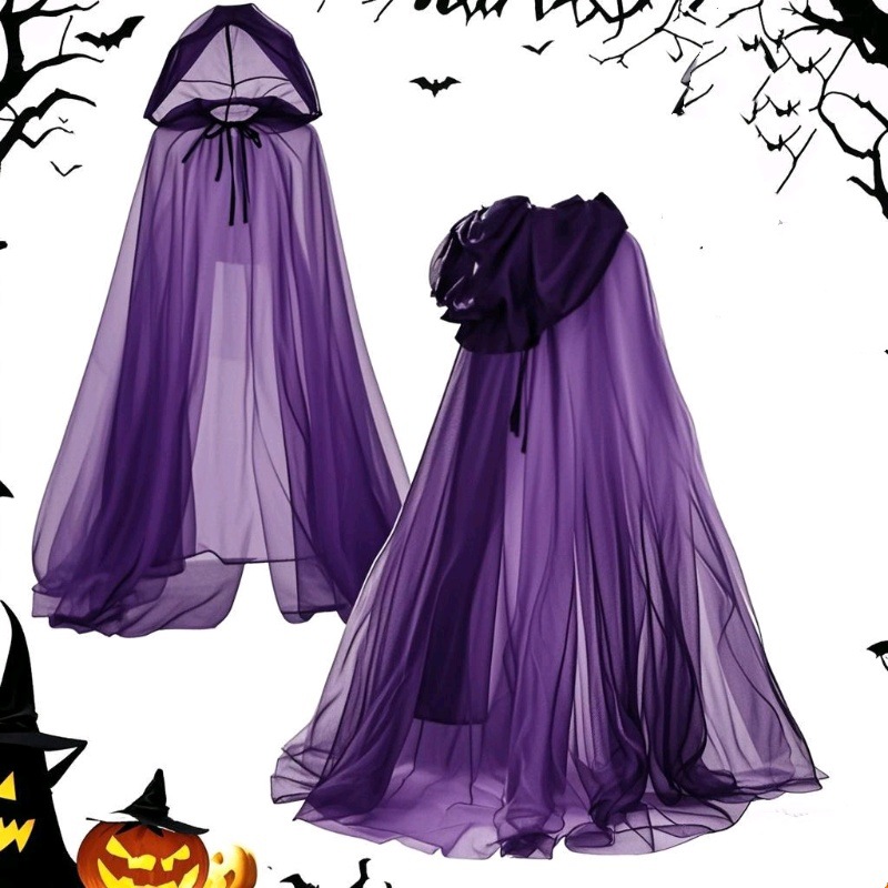 Halloween Cosplay Ghost Costume with Hooded Cape Witch Mesh Long Cloak